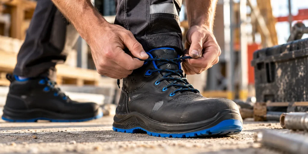 Hombre atándose sus botas de seguridad comodas